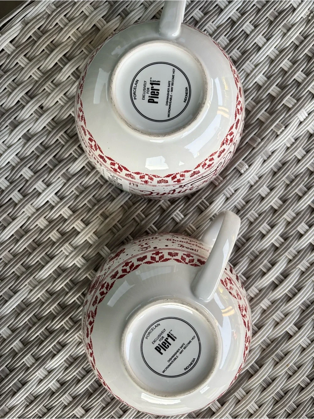 Pier 1 vintage Red and White 'Mrs. Claus' Holiday Ceramic Mugs set of 2